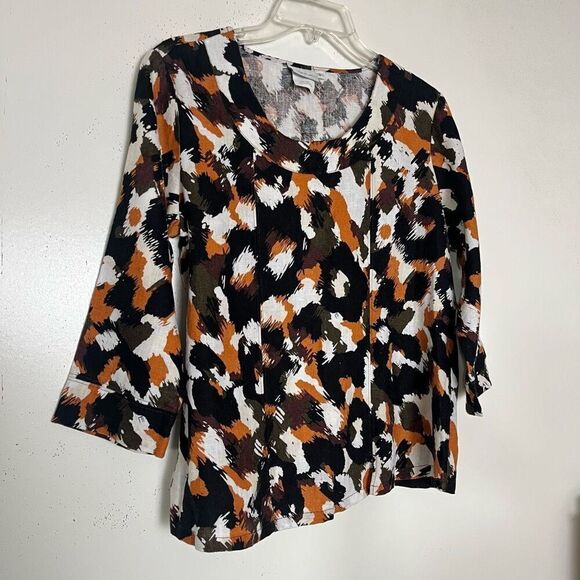 Hot Cotton Linen Top Small Boxy Lagenlook Blouse Abstract Print Black 3/4 Sleeve - Picture 2 of 6